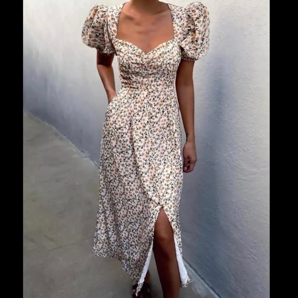 NWOT Floral Print Vintaged Inspired Summer Midi Dress with Puff Sleeve Detail